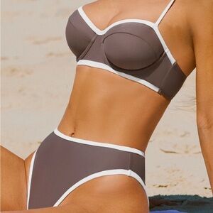 Cupshe Brown and White High-Waisted Bikini with Bandeau Top